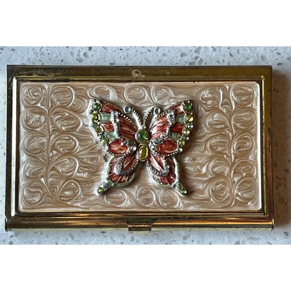 Gold-Tone Butterfly Card Holder  With Rhinestones Pink Gold Vintage - Picture 1 of 7
